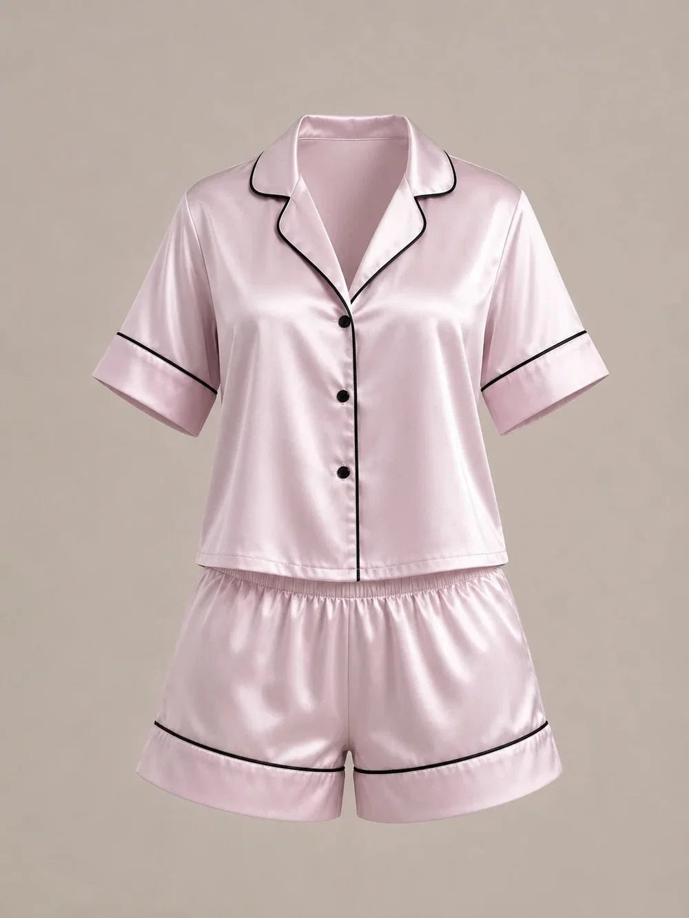 PUDRA BİYELİ SATEN KISA PİJAMA TAKIMI – TenneSecret Pijama Takımları