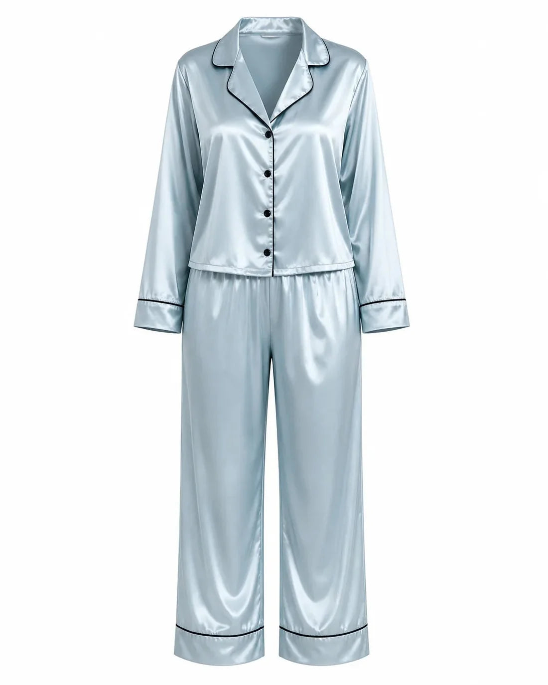 BUZ MAVİSİ BİYELİ SATEN PİJAMA TAKIMI – TenneSecret Pijama Takımları