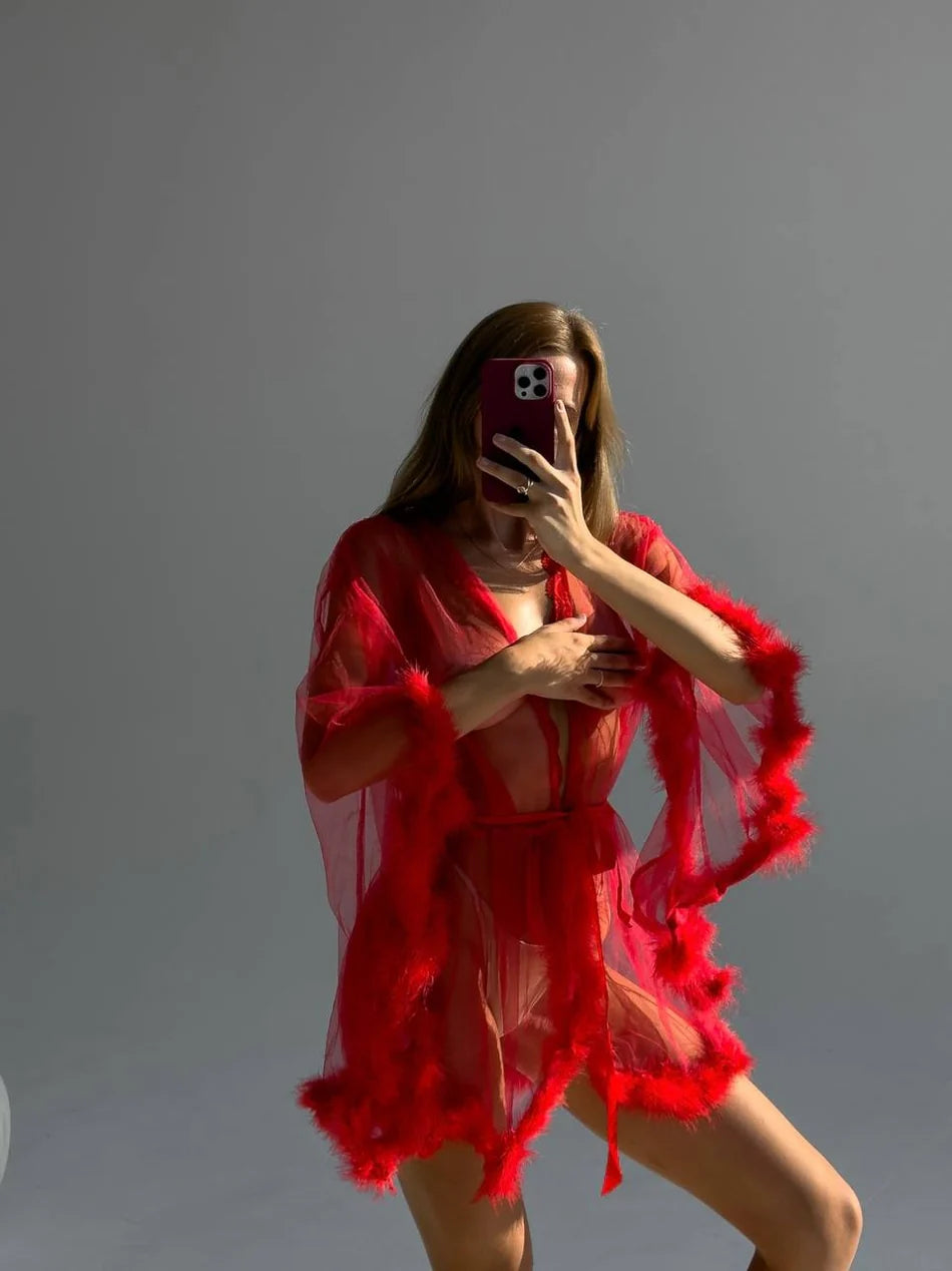 ELYSIA FEATHER ROBE – RED – TenneSecret Sabahlık