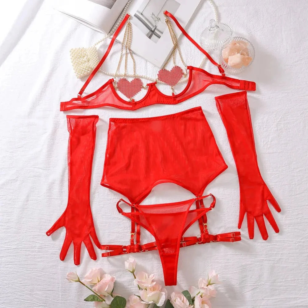 RED LOVE PREMIUM SET (ELDİVEN DAHİL) – TenneSecret Jartiyer Takımları